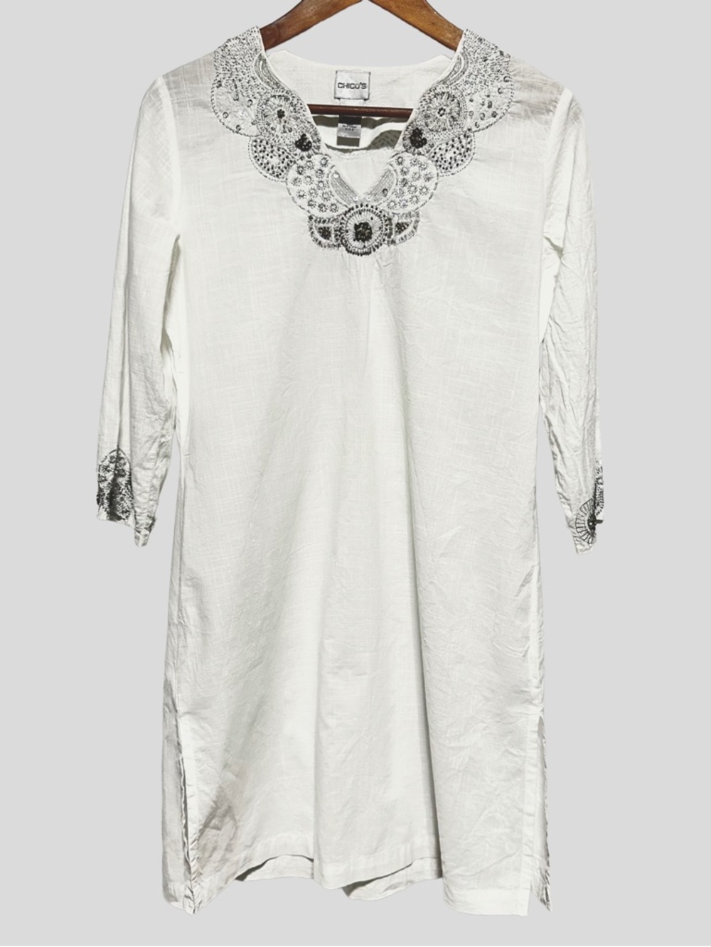 CHICO’S Embellished Cotton Tunic Dress Boho Resort Artsy